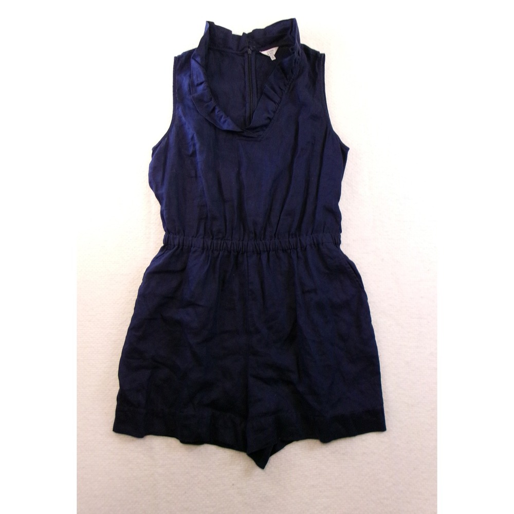 Crown & Ivy Navy Blueβ 100% Linen Ruffle Neck Sleeveless Romper Womens 12